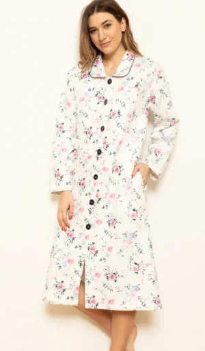 UNTUCKit Housecoats*Cottonreal English Rose 100% Combed Cotton Button Housecoat White