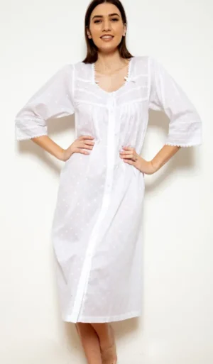 UNTUCKit Nightdresses*Cottonreal Jay Cotton Jacquard Polkadot Button Nightdress White