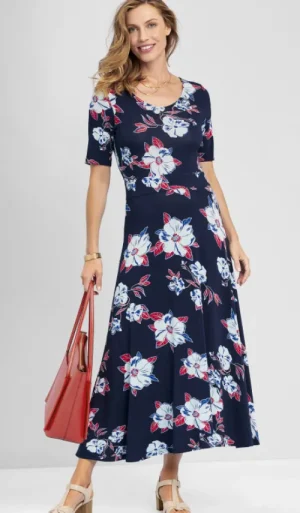 UNTUCKit Dresses*Damart Floral Print Comfort Stretch Dress Navy