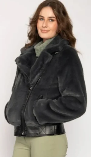 UNTUCKit Coats & Jackets*Jessica Graaf Grey Biker Style Faux Fur Jacket Charcoal Grey