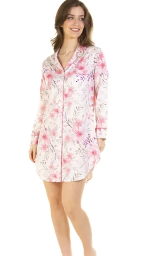 UNTUCKit Nightdresses*La Marquise 100% Combed Cotton Button Through Floral Print Nightshirt Pink