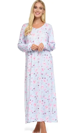 UNTUCKit Nightdresses*La  Marquise Floral Reflections Jersey Long Sleeve Longer Length Nightdress Blue
