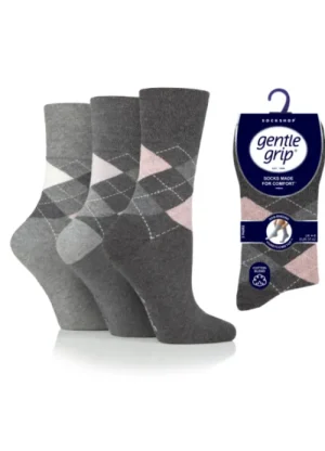 UNTUCKit Socks*Ladies 3 Pair Pack Of Gentle Grip Grey Tones Argyle Socks Mixed - Grey