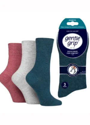 UNTUCKit Socks*Ladies Diabetic Gentle Grip Socks 3 Pair Pack Teal, Coral & Grey Mixed