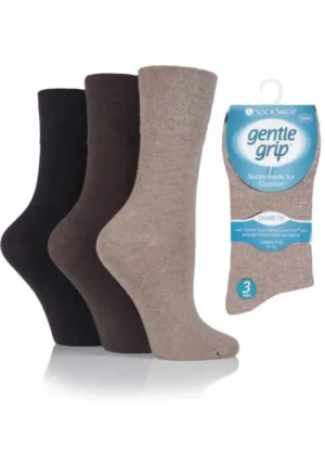 UNTUCKit Socks*Ladies Gentle Grip 3 Pair Pack Of Diabetic Plain Brown Shades Mixed - Brown