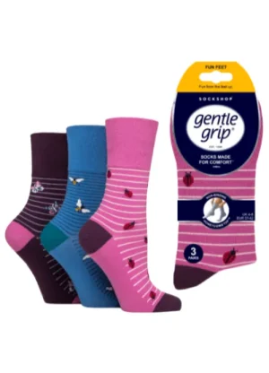 UNTUCKit Socks*Ladies Gentle Grip 3 Pair Pack Fun Feet Beautiful Bugs Multi