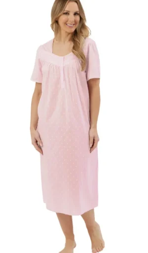 UNTUCKit Nightdresses*Marlon 100% Dobby Swiss Dot Woven Cotton Range With Lace Trim Short Sleeve Nightdress Pink