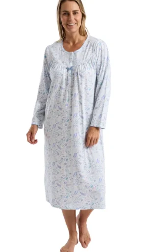 UNTUCKit Nightdresses*Marlon Fun Floral Print 100% Cotton Jersey Long Sleeve Nightdress Blue