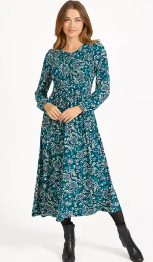 UNTUCKit Dresses*Mudflower Floral Print Shirred Soft Touch Bodice Dress Teal