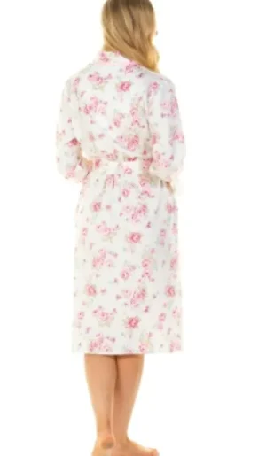 UNTUCKit Housecoats*Sue Marks 100% Luxury Combed Cotton Roses Woven Wrap Robe Pink