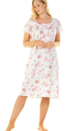 UNTUCKit Nightdresses*Sue Marks Luxury 100% Combed Cotton Roses Woven Short Sleeve Nightdress Pink