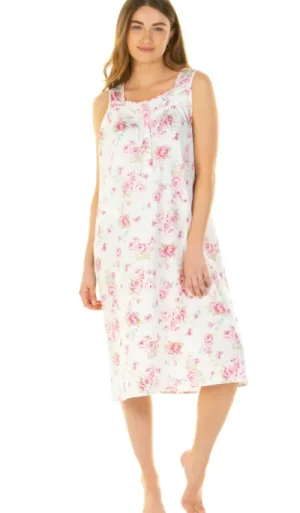 UNTUCKit Nightdresses*Sue Marks Luxury 100% Combed Cotton Roses Woven Sleeveless Nightdress Pink